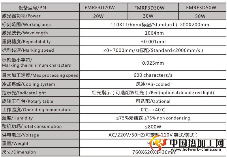 3D动态聚焦激光打标机技术参数