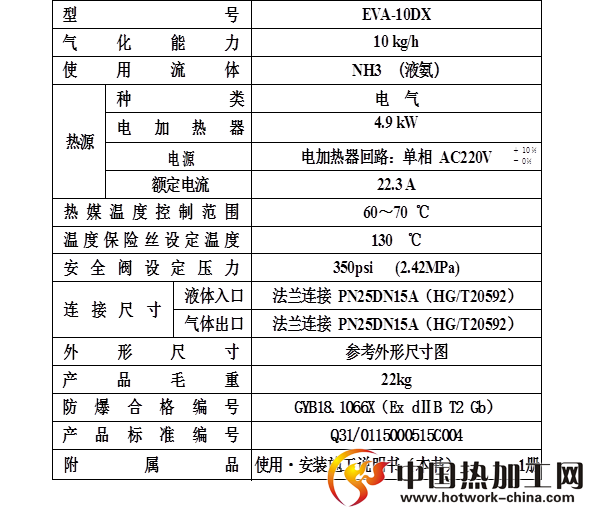 氨气气化炉DX系列技术参数